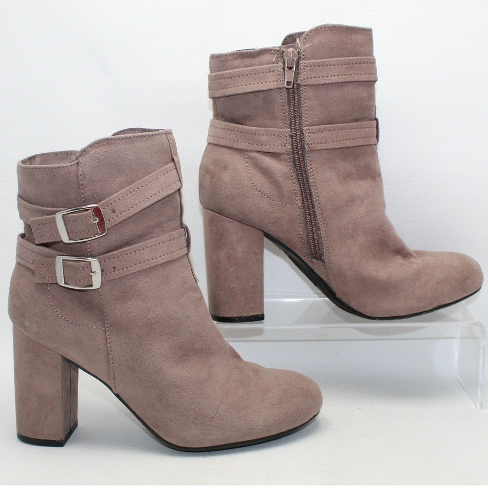 Christian Siriano Taupe Faux Suede Buckle‎ Block Heel Ankle Boots 7